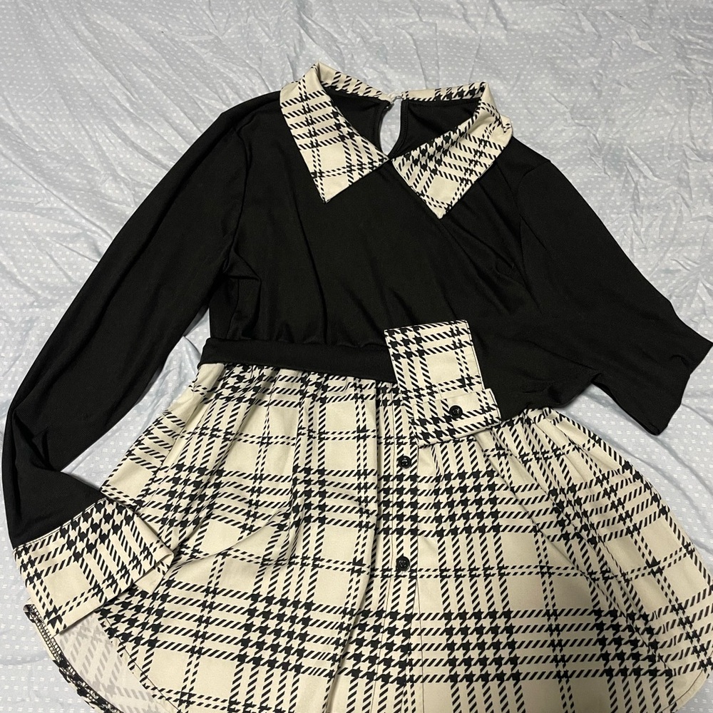 SHEIN Black Blouse with Cream Plaid Accents